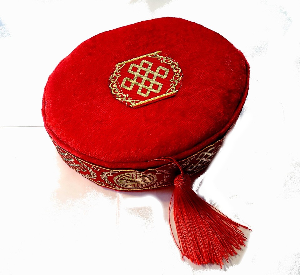 Red Beaded Velvet Kufi-cap