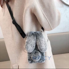 For iPhone 16 Plus Girly fluffy Faux Furry Plush Bunny Warm Phone Case Cover