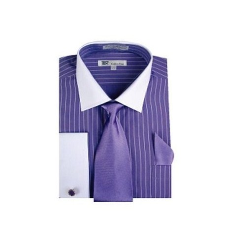 Men's Striped Formal Dress Shirt w/ French Cuff Links, Tie and Hanky #17 - 第 10/10 張圖片