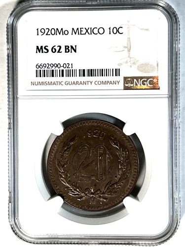 Mexico Estados Unidos 1920 Mo 10 Centavos *NGC MS-62*  Very Scarce 4 Year Issue