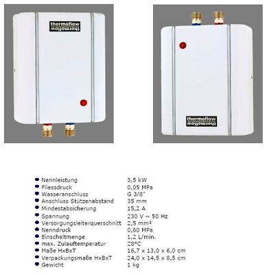 Klein Durchlauferhitzer Thermoflow ELEX 3,5 KW Niederdruck Obertisch Untertisch