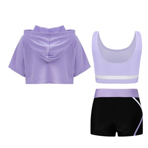 Kids Girls Tracksuit Training Sports Set Gym Activewear Short Sleeve Leotard - Picture 6 of 46