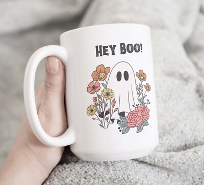Hey BOO! Floral Ghost Coffee Tea Mug Cup 15 Oz Ceramic Halloween Gift by Mugzan