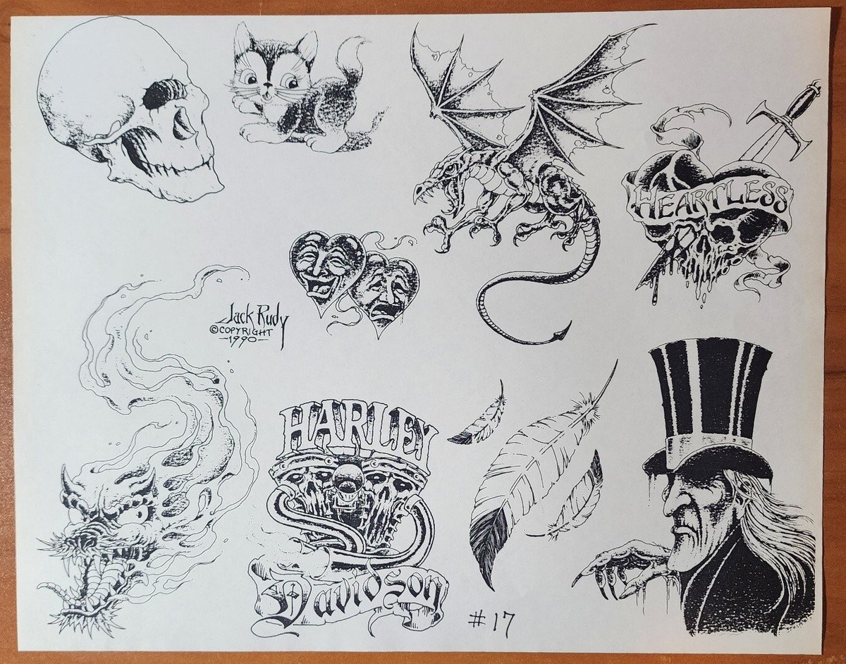 1990 VINTAGE Jack Rudy Traditional Tattoo Flash Sheet Biker