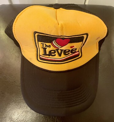 Love The Levee trucker hat 70s style mesh cap snapback yellow & black red heart