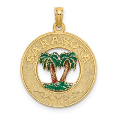 14K Gelbgold Sarasota runder Rahmen mit grüner Doppelpalme Anhänger