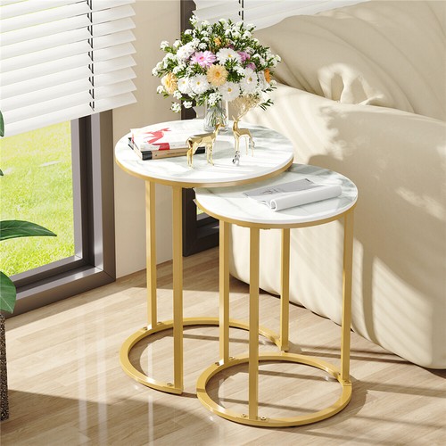 2PC Real Stone Nested Tables Coffee End Tables Indoor Outdoor Flower Lamp Tables - Picture 4 of 12