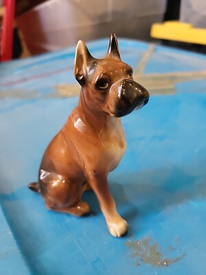 Vintage Sitting Boxer Dog Figurine 4'' Tall Dark Muzzle Regal Face Made in Japan