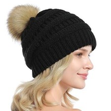 Women Knit Slouchy Beanie Chunky Baggy Hat with Faux Fur Pompom A2-black 2