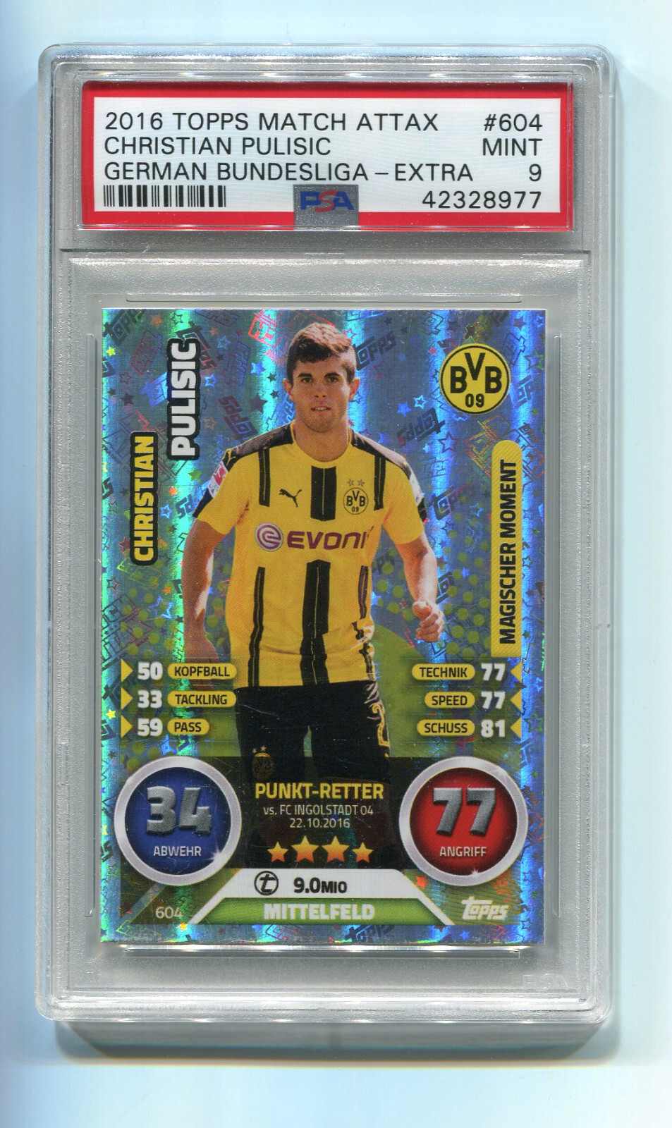 2016 Topps Match Attax Extra German 604 Christian Pulisic USA WC PSA 9 Rookie RC