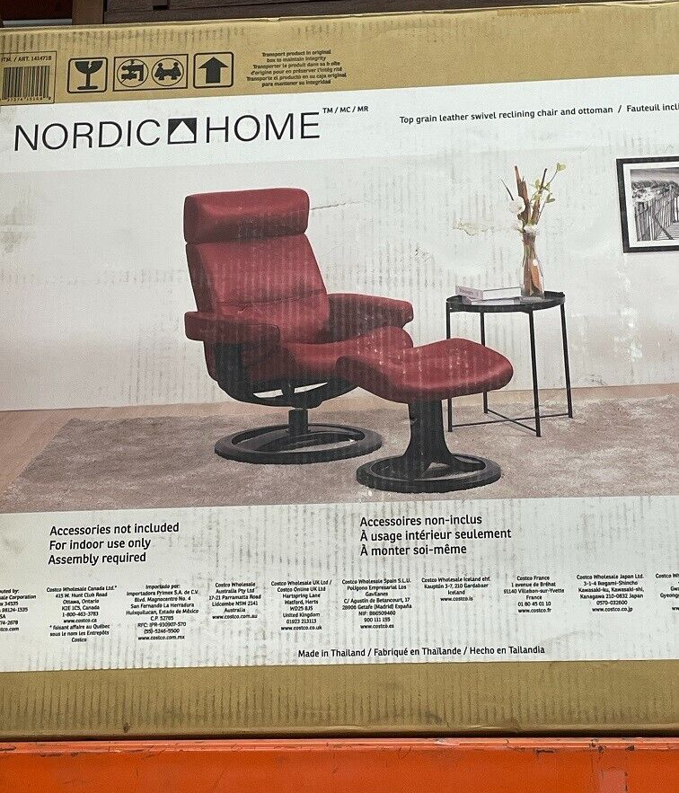 NEW Nordic Home Oslo Leather Recliner & Ottoman Swivel Chair Red