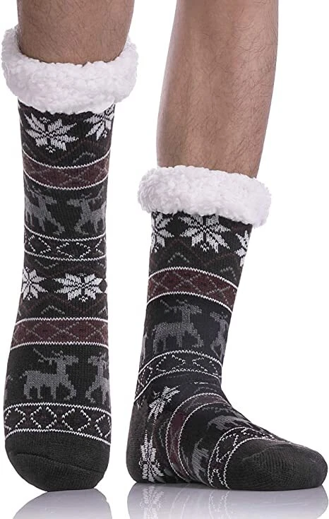 Mens Winter Sherpa Fleece Lined Cozy Fuzzy Warm Thermal Non-Skid Slipper Socks - Image 3 of 4