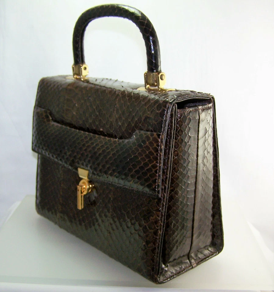 复古 20 世纪 60 年代棕色蛇皮手提包结构化钱包带更换钱包很棒! — 第 3/4 张图片