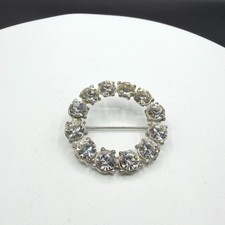 Clear Rhinestone Silver Tone Round Wreath Brooch Pin Bridal Statement Glam Gift