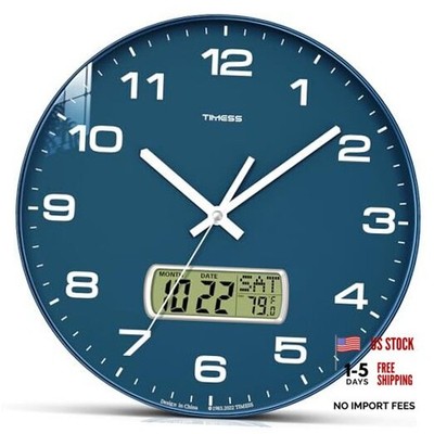 Wall Clock, 12'' Dial Non-Ticking Silent Battery Operated Analog 12 Inch Blue