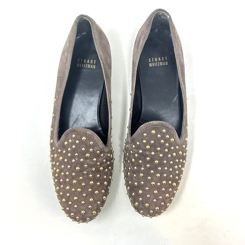 Stuart Weitzman Brown Tan Suede Gold Studded Flat Loafers Size US 7.5 - Picture 2 of 11