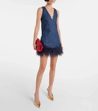 Valentino feather-trim denim dress Blue - BNWT