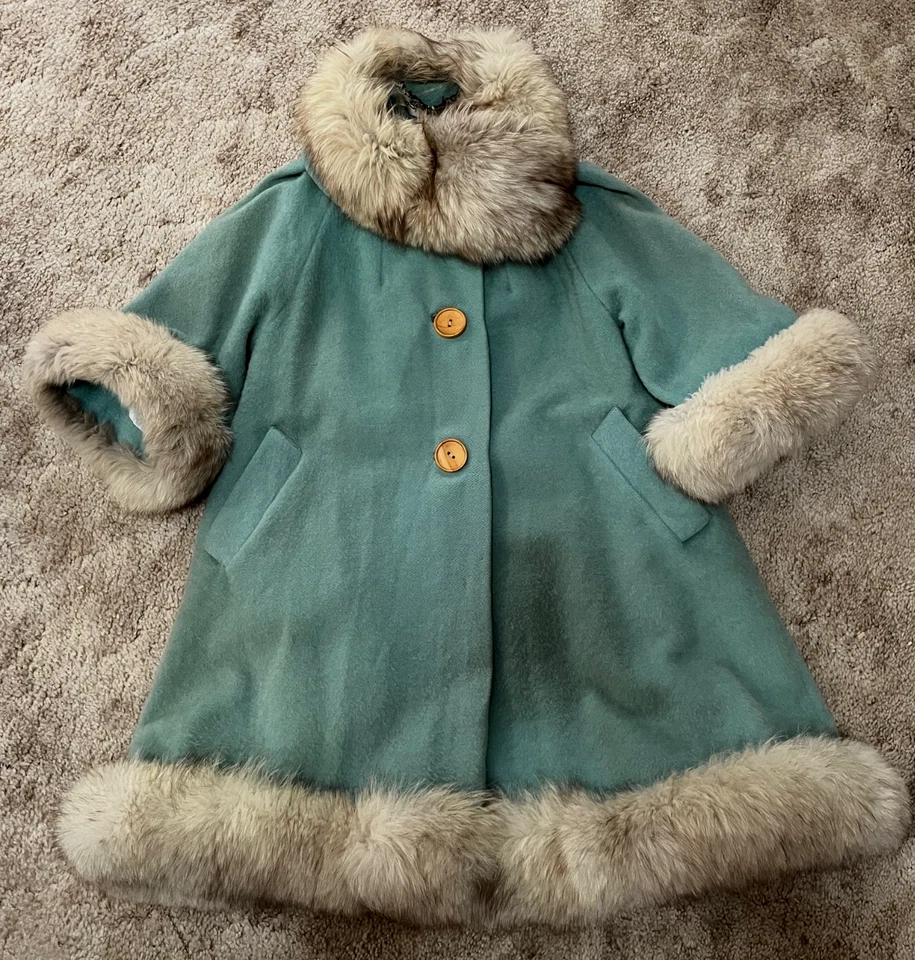 Casaco de lã vintage glamouroso Lilli Ann azul com acabamento de pele de raposa - Imagem 2 de 4