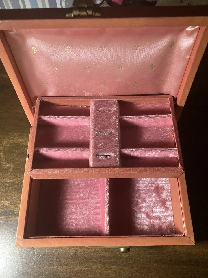 Joyero vintage de 2 niveles de cuero sintético ROSA terciopelo forrado satinado Foto 2 de 4