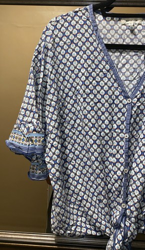 Max Studio Women's Blue Ruffle Sleeve Printed Tie Front Blouse Size XL - Picture 3 of 12