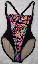 Vintage 90s The Slim Suit Shaping Swimsuit Neon Tropical Floral Black Size 8