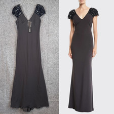 Badgley Mischka Womens Gown Sz 4 Grey Dark Romance Hollywood Glam Sequin Cap Slv