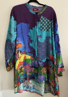 Avani Del Amour Top Blouse 2X Boho Artsy Colorful Coral Reef 