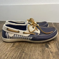 Sperry Top Sider Women's Boat Shoes Navy White Stripe Canvas Leather 7.5M Preppy