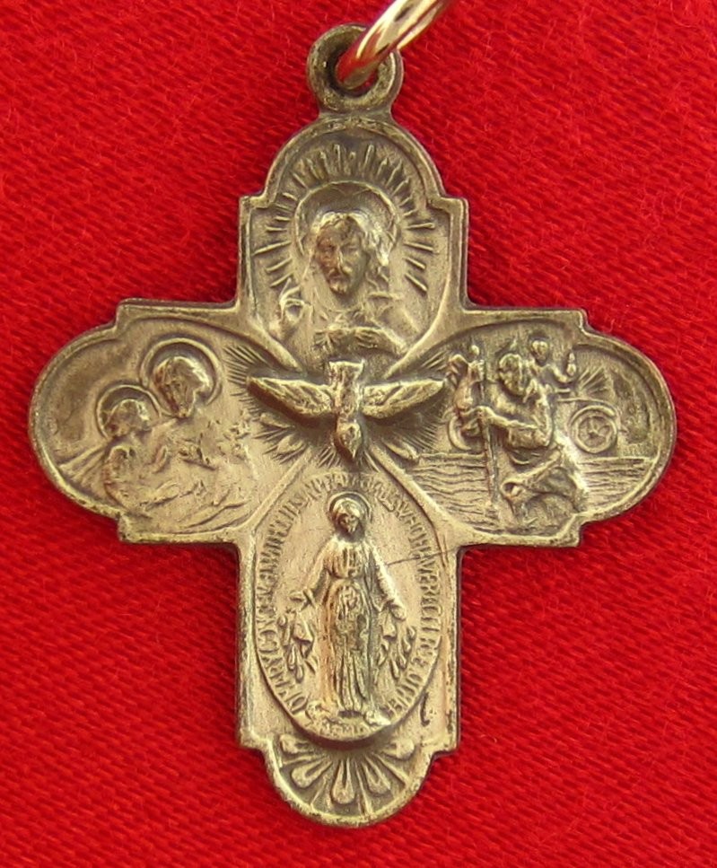 Vintage FOUR WAY CROSS Medal JESUS MARY JOSEPH ST CHRISTOPHER Silvertone Medal