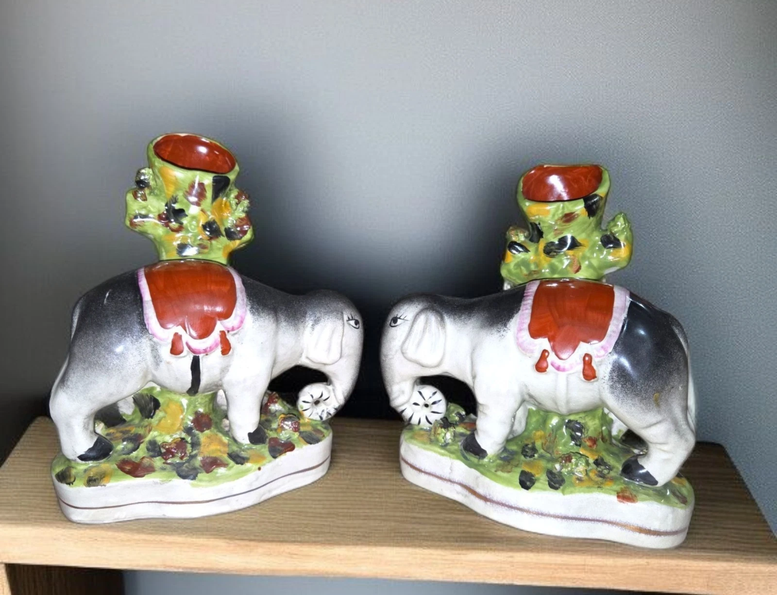 Vtg Pair of Staffordshire Style 6.75" Elephant Spill Vases Hand Painted Decor