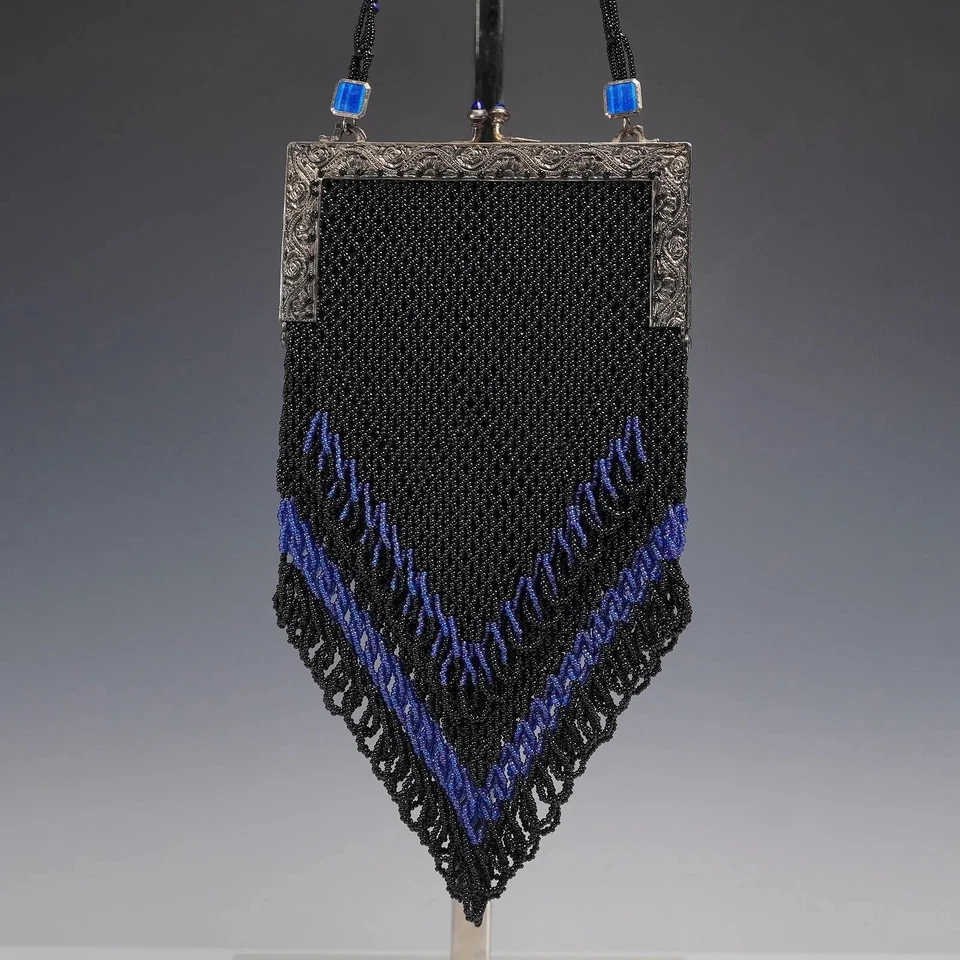 Vintage Victorian Black/ Blue Beaded Purse with Chevron Fringe Velvet Interior - Image 2 of 4