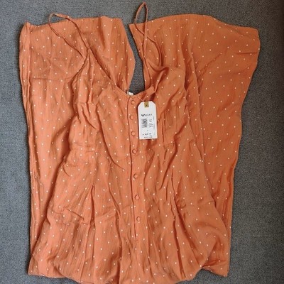 Roxy Wide Leg Jumpsuit Pants Women L  Flowy Polka Dot Pockets Orange White NWT