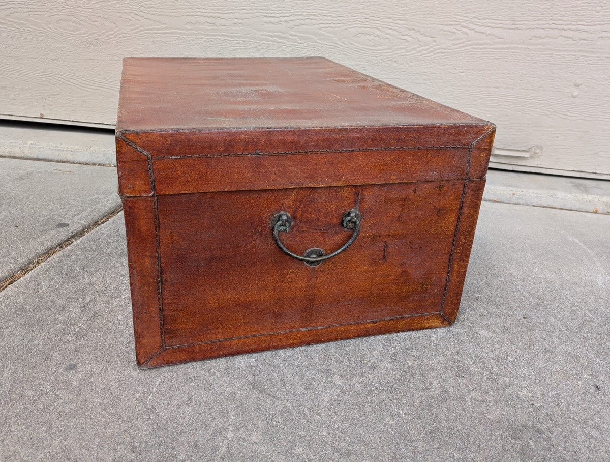 Antique Chinese Qing Dynasty Leather Trunk Chest Box with Lid