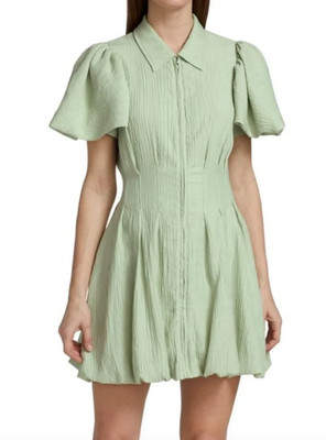 Jonathan Simkhai Callista Crinkle Puff-Sleeve Mini Dress Medium Lichen Green NWT