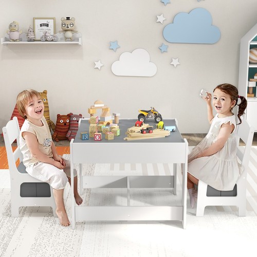 Babyjoy Kids Table Chairs Set w/ Storage Box Blackboard Whiteboard Drawing Grey - Picture 4 of 12