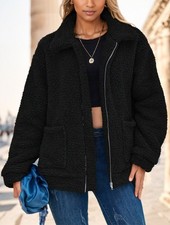 Women's Oversized Sherpa Teddy Jacket Zip Up Fuzzy Fleece Coat Pockets S-3XL