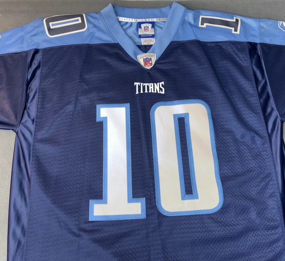 Camiseta de fútbol americano de colección Rebbok Tennessee Titans para hombre grande azul Vince Young #10 NFL Foto 4 de 4