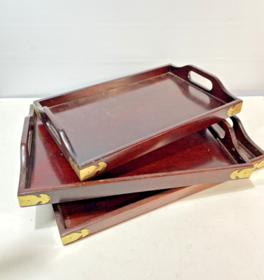 Tablett Set 3 verschachtelt stapelbar Messing Ecken Bar Steward Griffe Serviertabletts