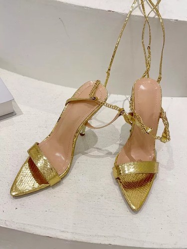 Sandali scarpe donna 11 cm tacco alto oro lacci schiava pelle sintetica CZ530 - Foto 2 di 3