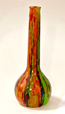 Vintage Hand Painted Art Glass Vase 10.5'' Multicolor Decoration