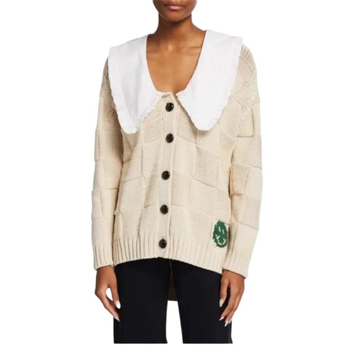 Ganni Cotton Robe Knit Cardigan Smiley Logo Peter Pan Collar