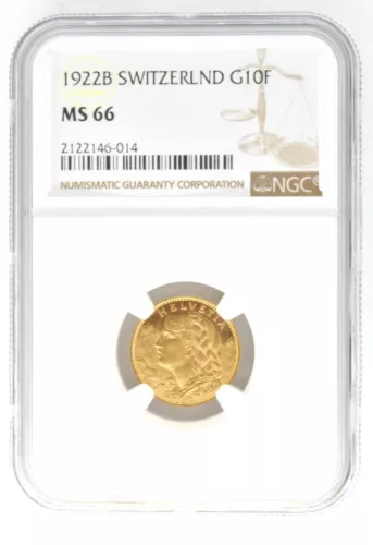 1922 B Switzerland 10 Franc Gold Coin NGC 66 KM# 36 Helvetia Suisse