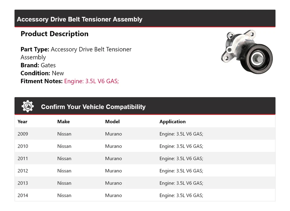 Para 2009-2014 Nissan Murano 3.5L V6 GAS correia de transmissão tensor montagem portões 2010 - Imagem 2 de 4