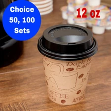 12 oz Disposable Paper Coffee Cafe Cups & Plastic Dome Lids with Hole BPA FREE