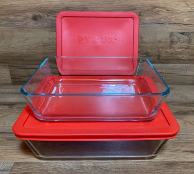 SET OF 2 - PYREX CLEAR GLASS CASSEROLE BAKING DISHES - 2.6L & 1.5L - RED  LIDS | eBay
