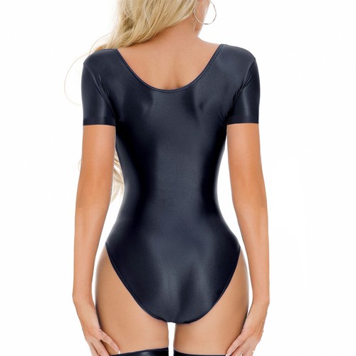 Women's Oil Shiny Glossy Short Sleeve Leotard Jumpsuit Bikini Swimwear Bodysuit - Picture 53 of 67