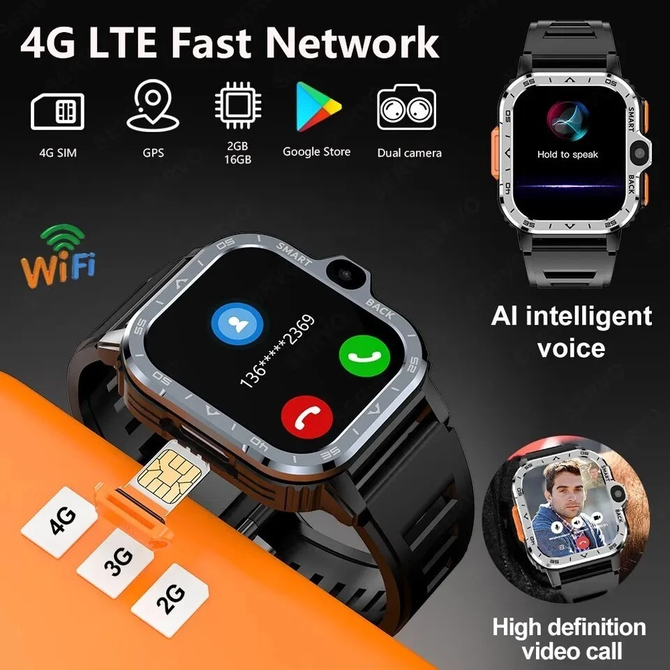 Larger Screen 4G Smart Watch PGD 2GB+16GB Heart Rate Monitor Dual Camera Silver - Image 2 of 3