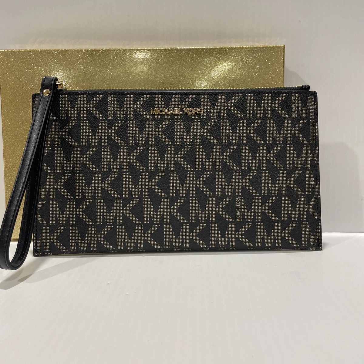 128 Michael Kors Jet Set Large Zip Clutch Wristlet Bag Gift Set Black Gold
