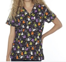 NWT Women's Medium Boo Ghost Print Halloween I Love Scrubs Scrub Top