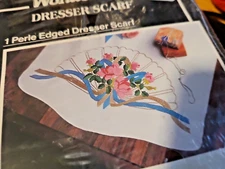 Vtg WonderArt Dresser Scarf Fan Bouquet Kit Cross Stitch 1343 Perle Edge Stamped